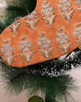 Handcrafted Block Printed Mormukut Thick Linen Christmas Stockings Bronze & Blue Floral with Pompom for Festive Décor