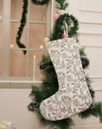 Handcrafted Block Printed Thick Cotton White Christmas Stockings Nayab Gray Floral with Pompom Holiday Decor