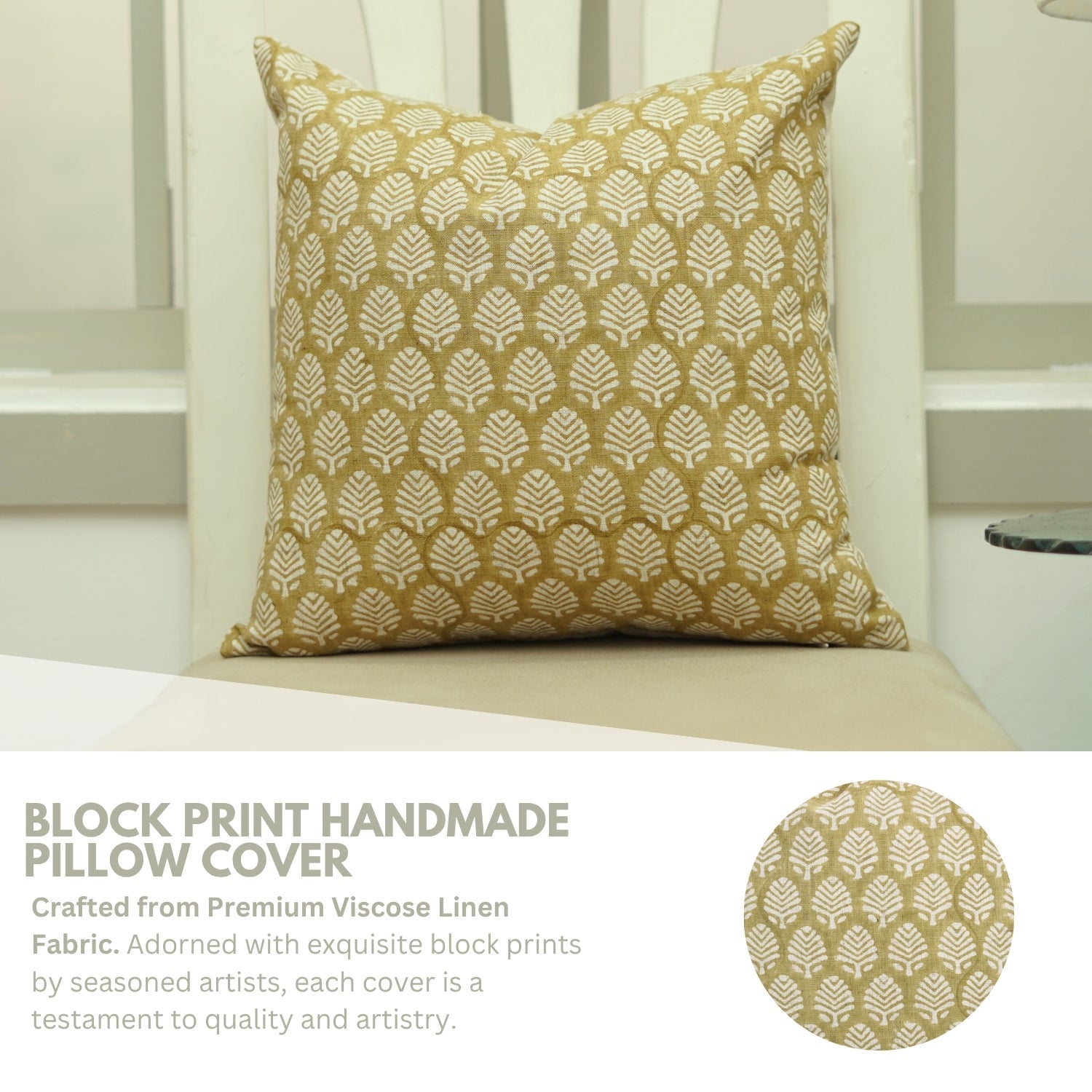 Handstamped Block Printed Boho Light Green Floral Cushion Cover in Viscose Linen – Sangmarmar