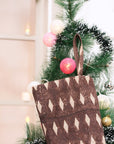 Hand Block Printed Chocolate Brown Omji Gift Stocking on Thick Linen with Pom Pom Elegant Holiday & Christmas Décor