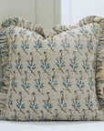 Block Printed Thick Linen Frill Pillow Cover - Deepika in Gray and Blue