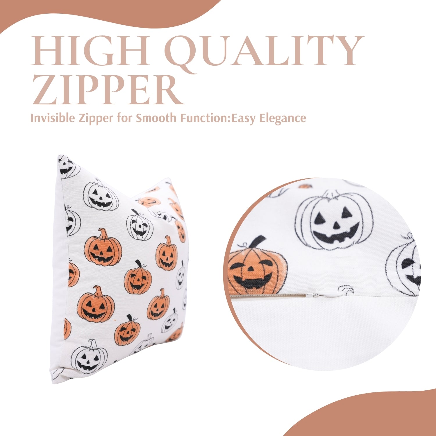 Pillow with Halloween pumpkin pattern and 'High Quality Zipper' text on a white background