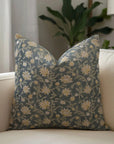 Floral Block Printed Pure Linen Throw Pillow Cover - Aradhana