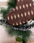 Hand Block Printed Chocolate Brown Omji Gift Stocking on Thick Linen with Pom Pom Elegant Holiday & Christmas Décor