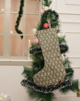 Handmade Olive Green & Beige Floral Tulsi Buti Christmas Stockings on Thick Linen with Pompom Elegant Festive Holiday Decor