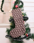 Chocolate Brown Floral Boho Style Sangmarmar Block Printed Christmas Stockings on Thick Linen with Pompom Elegant Festive Holiday Decor