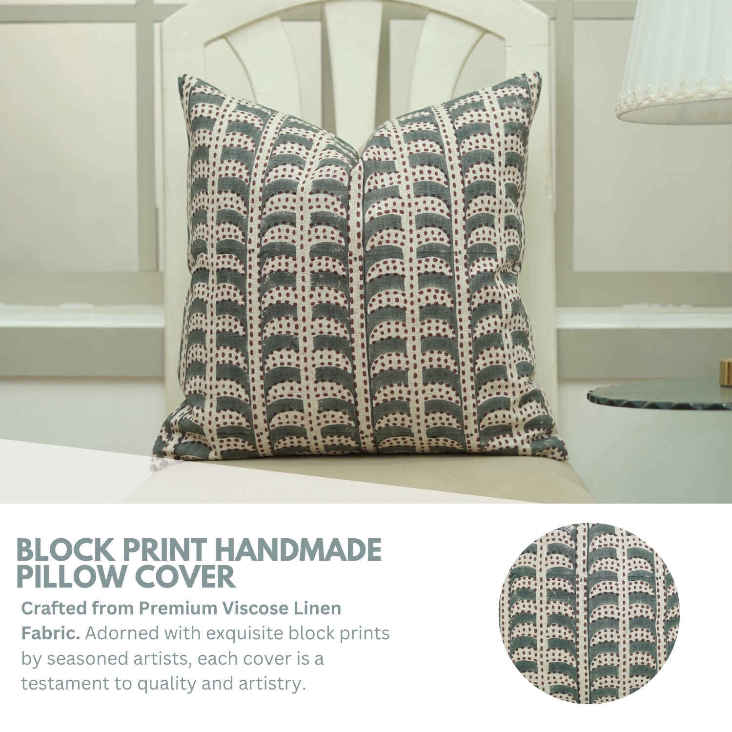 Handmade Gray Floral Boho Throw Cushion Case in Viscose Linen - Garud Design for Home Decor
