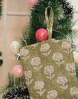 Handcrafted Rohini Green & Beige Floral Block Printed Christmas Stockings on Thick Linen with Pompom Elegant Seasonal Holiday Decor