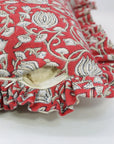 Block Printed Red and Gray Floral Thick Linen Frill Cushion Cover for Bedroom Decor - 6 Kamal