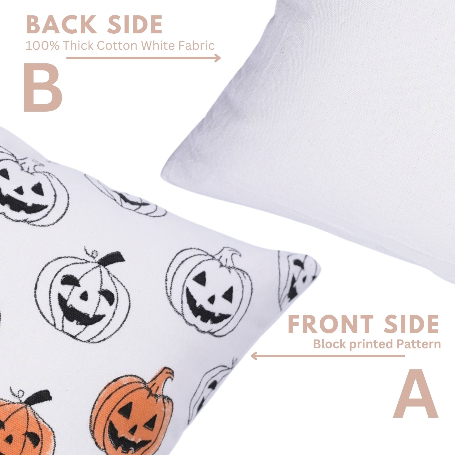 Pillowcase with Halloween pumpkin design on front side and white fabric back side.