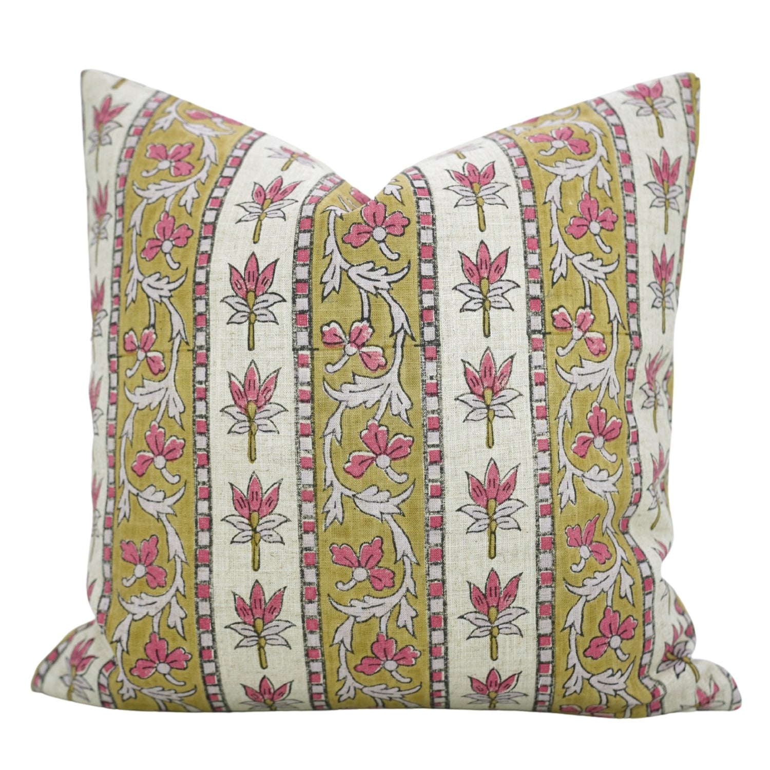Sustainable Block Printed Pink Floral Throw Cushion in Viscose Linen – Laxmi Print for Farmhouse Decor