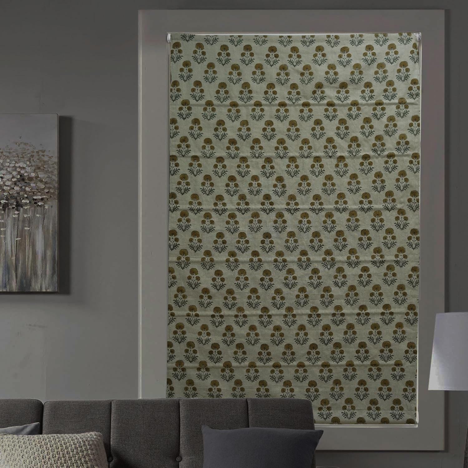 Handblock Printed Boho Gray and Brown Roman Shade on Pure Linen for Cafe or Living Room – RISHI