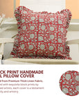 Block Printed Red and Gray Floral Thick Linen Frill Cushion Cover for Bedroom Decor - 6 Kamal