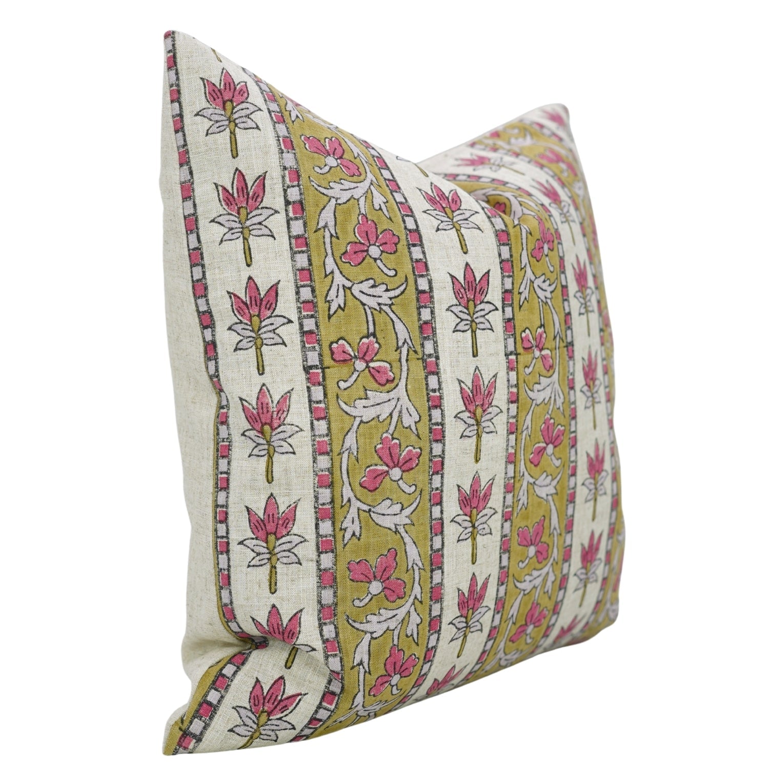 Sustainable Block Printed Pink Floral Throw Cushion in Viscose Linen – Laxmi Print for Farmhouse Decor