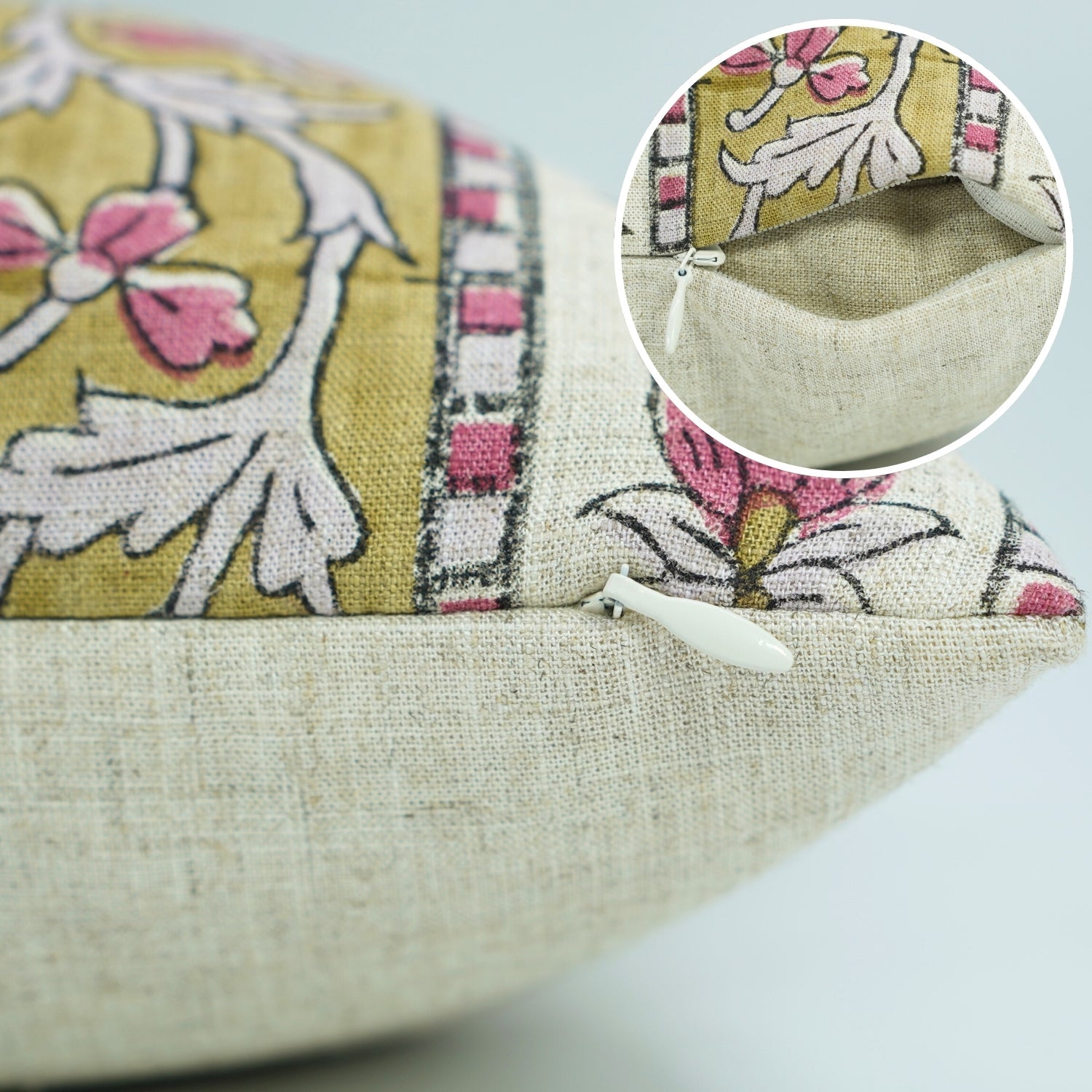 Sustainable Block Printed Pink Floral Throw Cushion in Viscose Linen – Laxmi Print for Farmhouse Decor