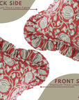 Block Printed Red and Gray Floral Thick Linen Frill Cushion Cover for Bedroom Decor - 6 Kamal