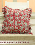 Block Printed Red and Gray Floral Thick Linen Frill Cushion Cover for Bedroom Decor - 6 Kamal