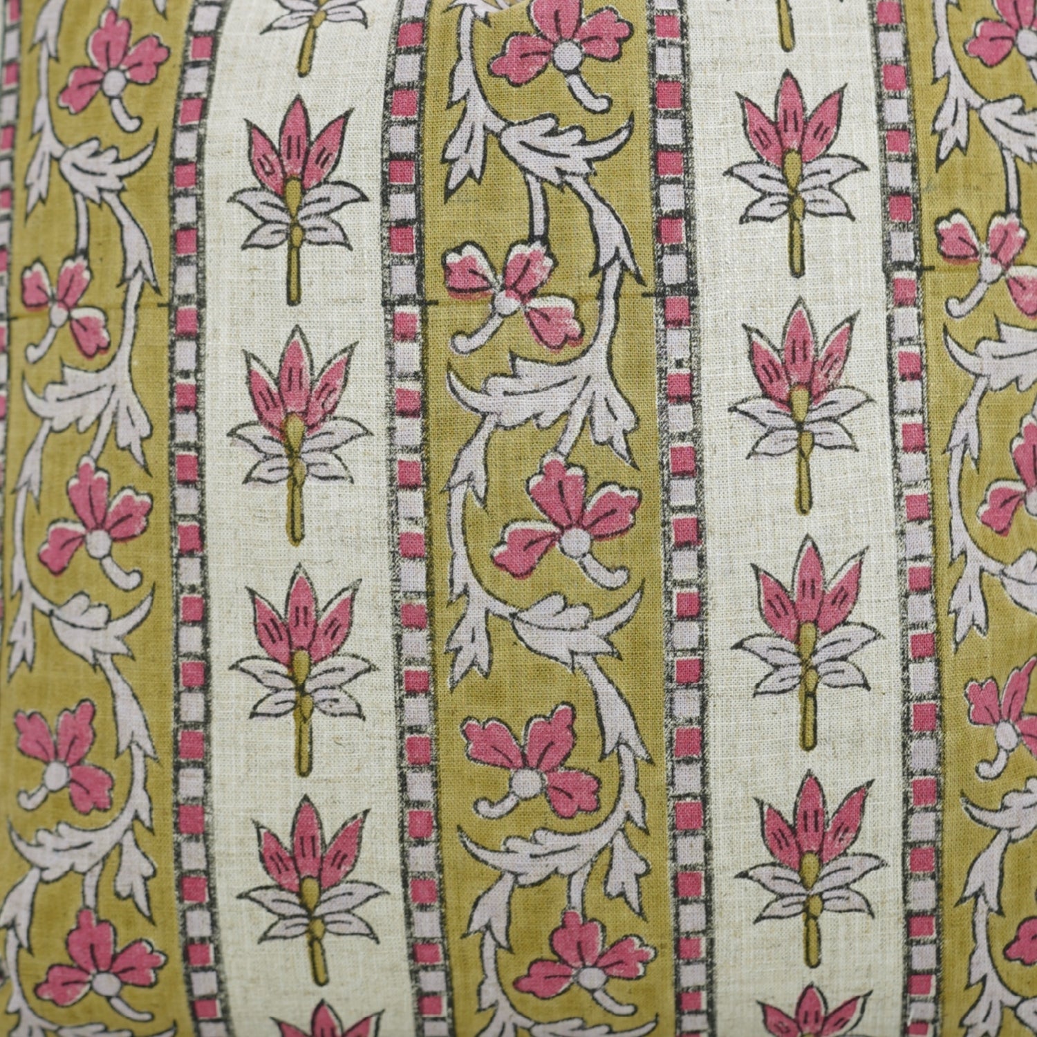 Sustainable Block Printed Pink Floral Throw Cushion in Viscose Linen – Laxmi Print for Farmhouse Decor