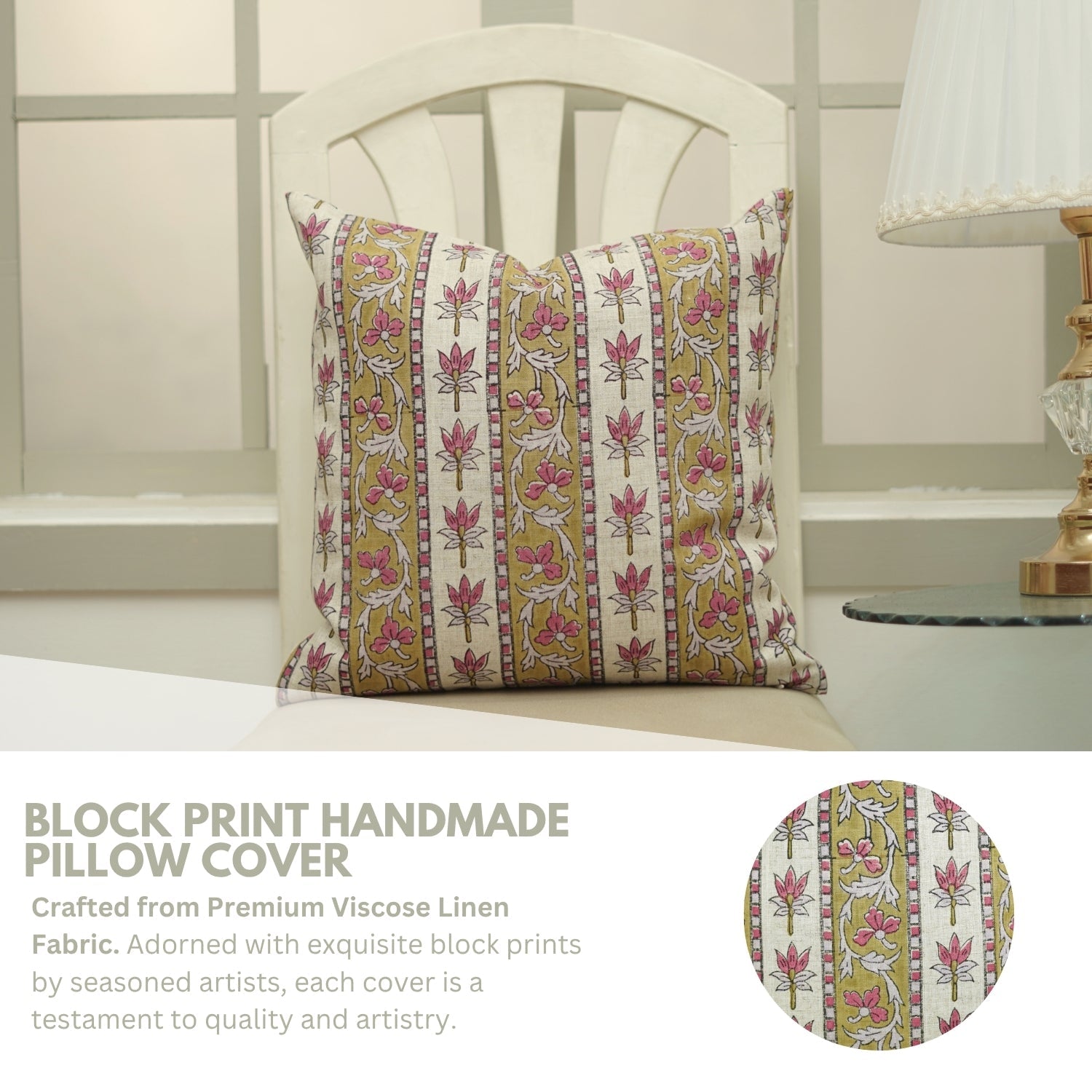 Sustainable Block Printed Pink Floral Throw Cushion in Viscose Linen – Laxmi Print for Farmhouse Decor