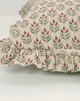 Indian Block Printed Maroon and Gray Floral Thick Linen Frill Pillow Cover For Farmhouse Decor - Alia