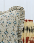 Block Printed Thick Linen Frill Pillow Cover - Deepika in Gray and Blue