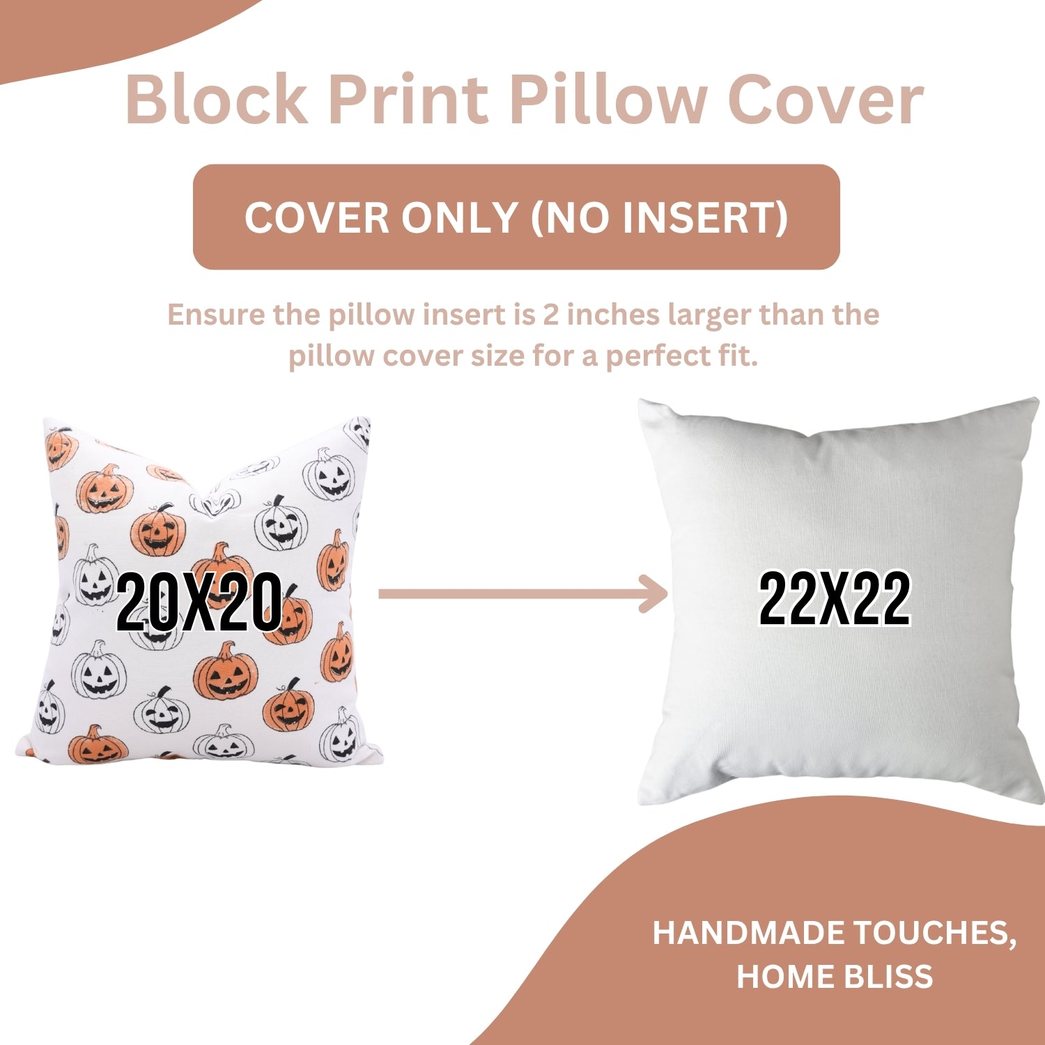 Block print pillow cover with Halloween design and size information on a white background