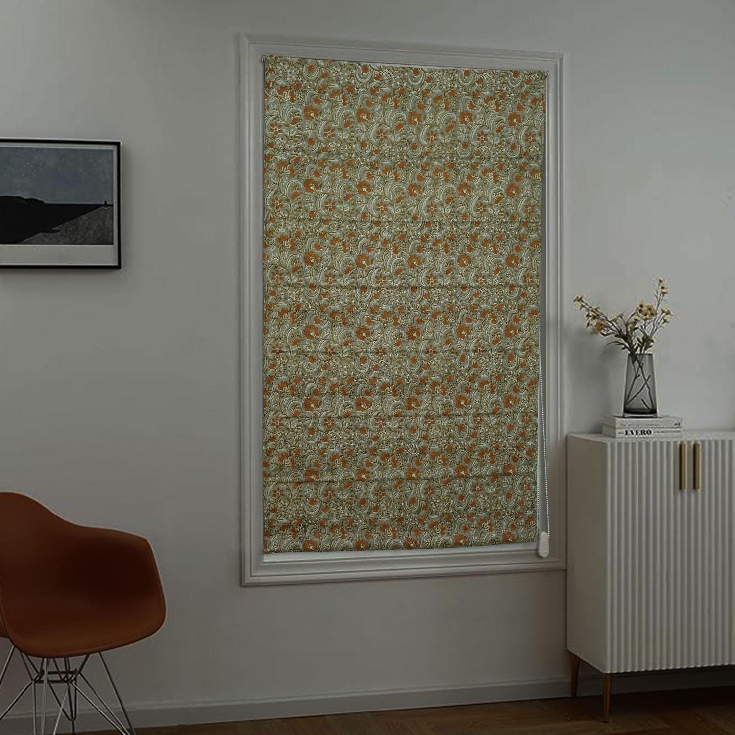 Handblock Printed Floral Roman Shade in Brown & Green on Pure Linen For Kitchen – KUNDANVAN