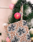 Indian Artisan Blue & Brown Floral Block Printed Pushp Samhita Christmas Stockings on Pure Linen with Pompom Perfect for Hanging on Fireplaces