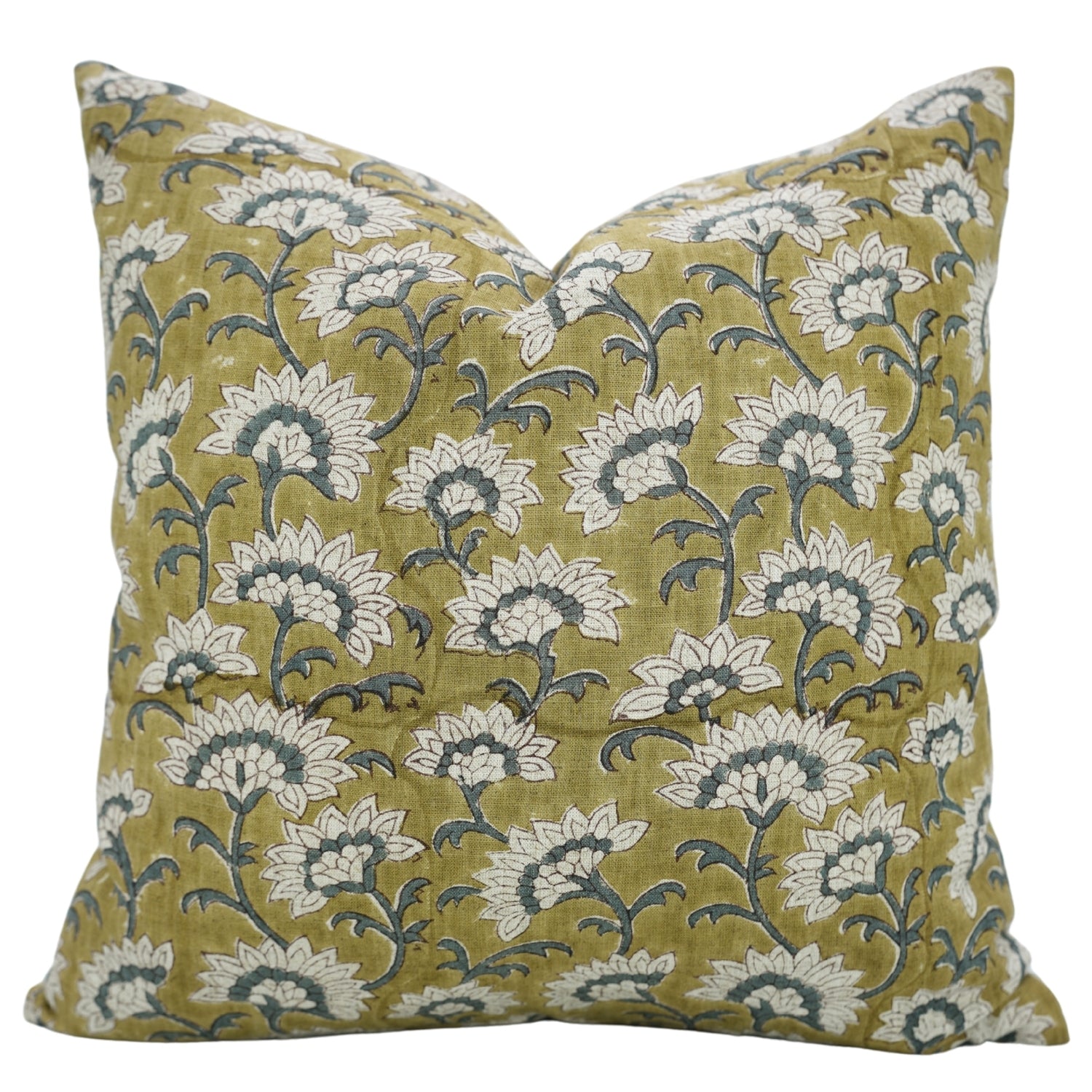 Handmade Boho Throw Cushion Cover in Green and Gray Floral Viscose Linen – Rajnigandha