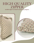 Indian Block Printed Maroon and Gray Floral Thick Linen Frill Pillow Cover For Farmhouse Decor - Alia