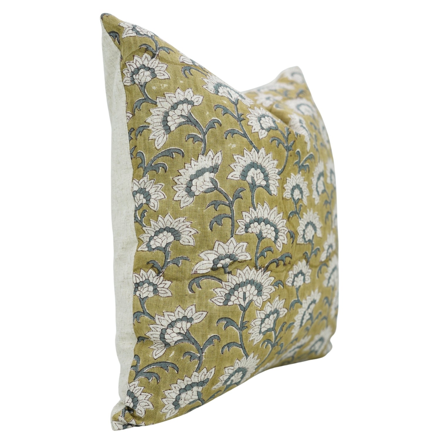 Handmade Boho Throw Cushion Cover in Green and Gray Floral Viscose Linen – Rajnigandha