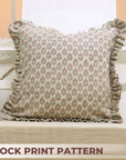 Indian Block Printed Maroon and Gray Floral Thick Linen Frill Pillow Cover For Farmhouse Decor - Alia