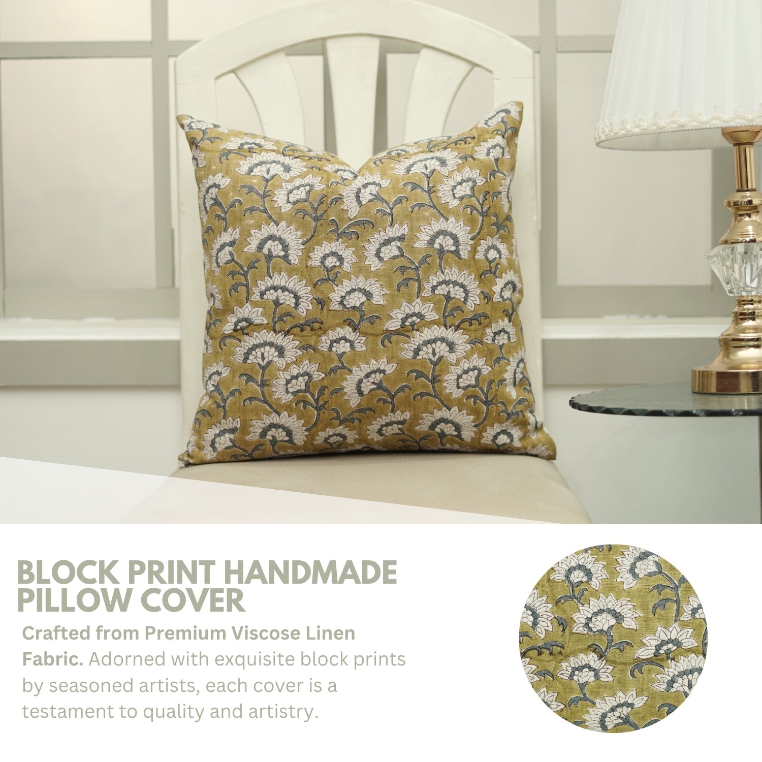 Handmade Boho Throw Cushion Cover in Green and Gray Floral Viscose Linen – Rajnigandha