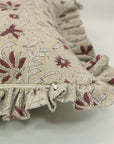 Handmade Block Printed Floral Premium Thick Linen Maroon and Grullo Floral Frill Pillow Cover - Aradhana