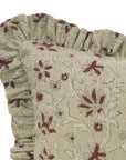 Handmade Block Printed Floral Premium Thick Linen Maroon and Grullo Floral Frill Pillow Cover - Aradhana
