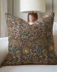 Handmade Floral Print Designer Pillow Cover Elegant Brown Pure Linen - KUNDANVAN