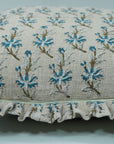 Block Printed Thick Linen Frill Pillow Cover - Deepika in Gray and Blue