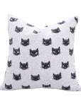 Handcrafted Blue & Black Kitty Cushion Cover on Thick White Cotton for Farmhouse Decor with Invisible Zipper