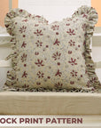 Handmade Block Printed Floral Premium Thick Linen Maroon and Grullo Floral Frill Pillow Cover - Aradhana