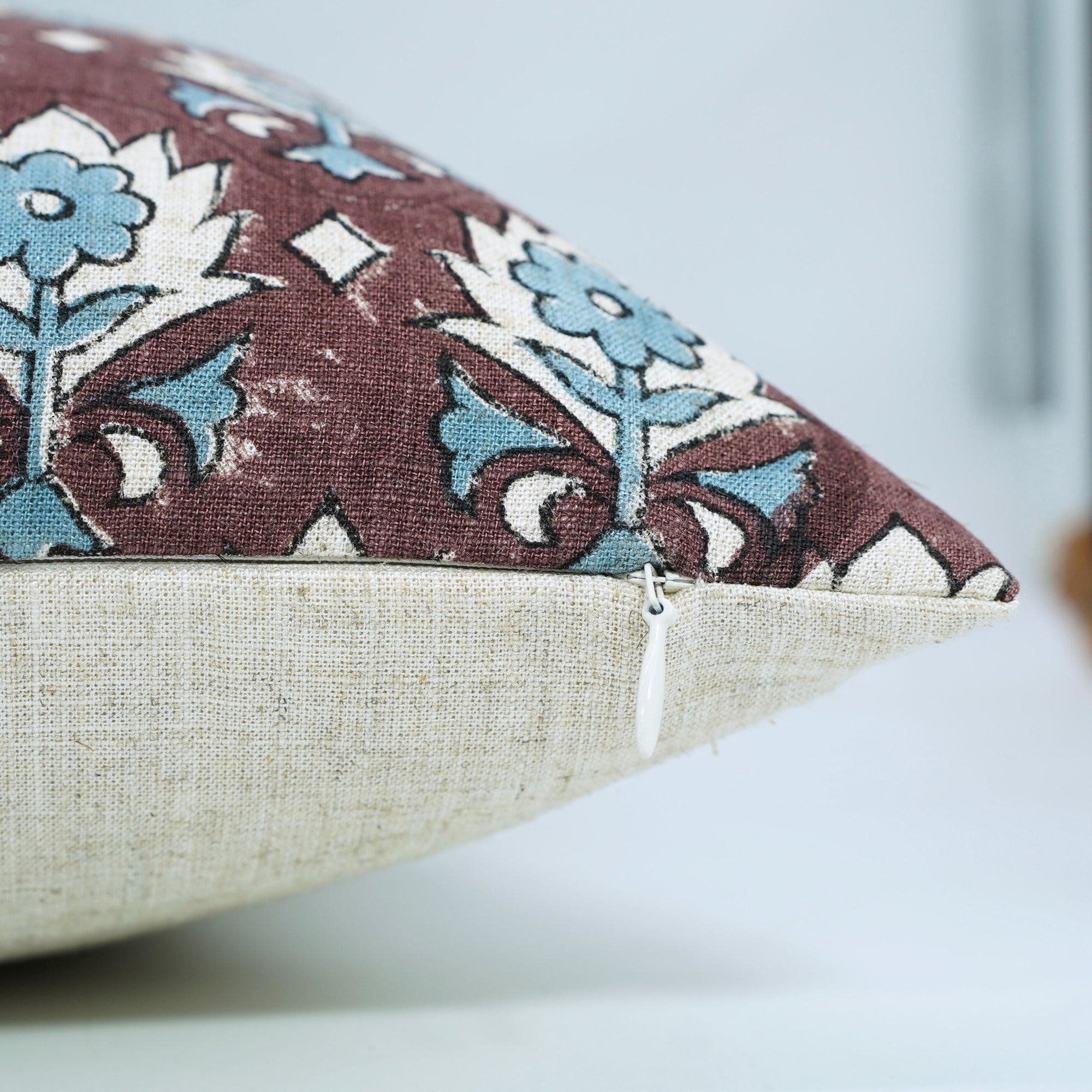 Handmade Boho Floral Throw Cushion Cover in Gray Viscose Linen for Sofa or Couch Decor - Kusum