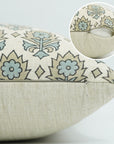 Hand Block Printed Blueish Floral Square Pillow Cover for Living Room on Linen Blend - Kusum
