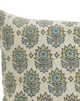 Hand Block Printed Blueish Floral Square Pillow Cover for Living Room on Linen Blend - Kusum