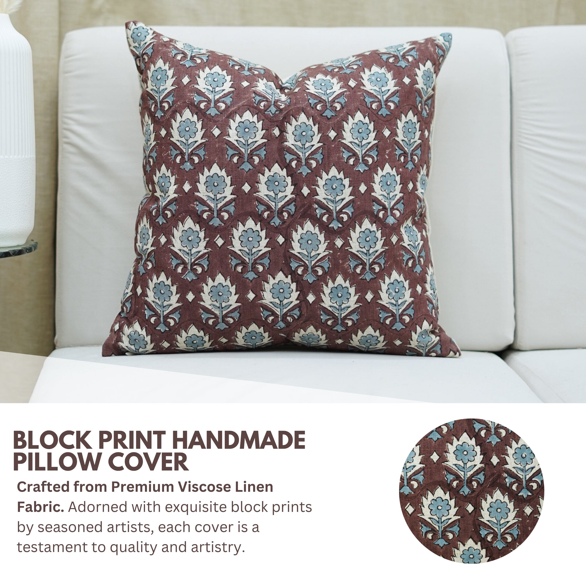Handmade Boho Floral Throw Cushion Cover in Gray Viscose Linen for Sofa or Couch Decor - Kusum