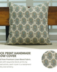 Hand Block Printed Blueish Floral Square Pillow Cover for Living Room on Linen Blend - Kusum