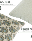 Hand Block Printed Blueish Floral Square Pillow Cover for Living Room on Linen Blend - Kusum