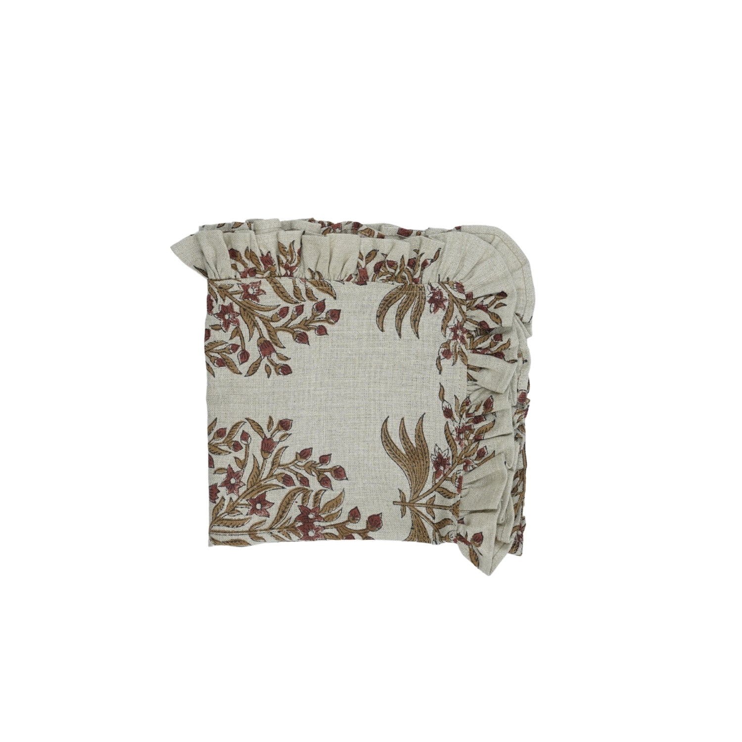 Pure Linen Handblock Printed Frill Pleated Edge Napkins Virandavan Rust Floral Print
