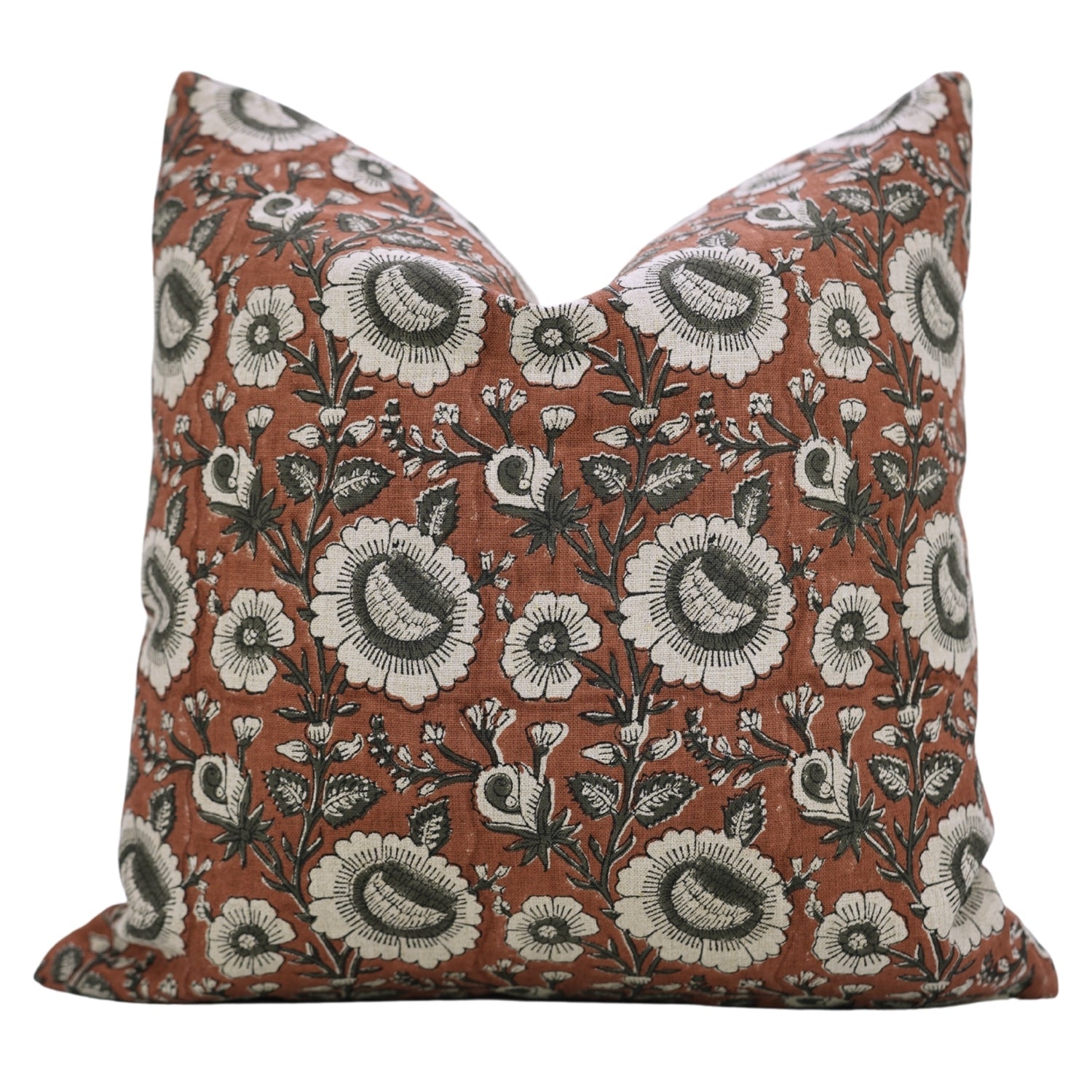 Handblock Printed Red Sunflower Boho Throw Cushion Cover for Indoor Décor in Pure Linen