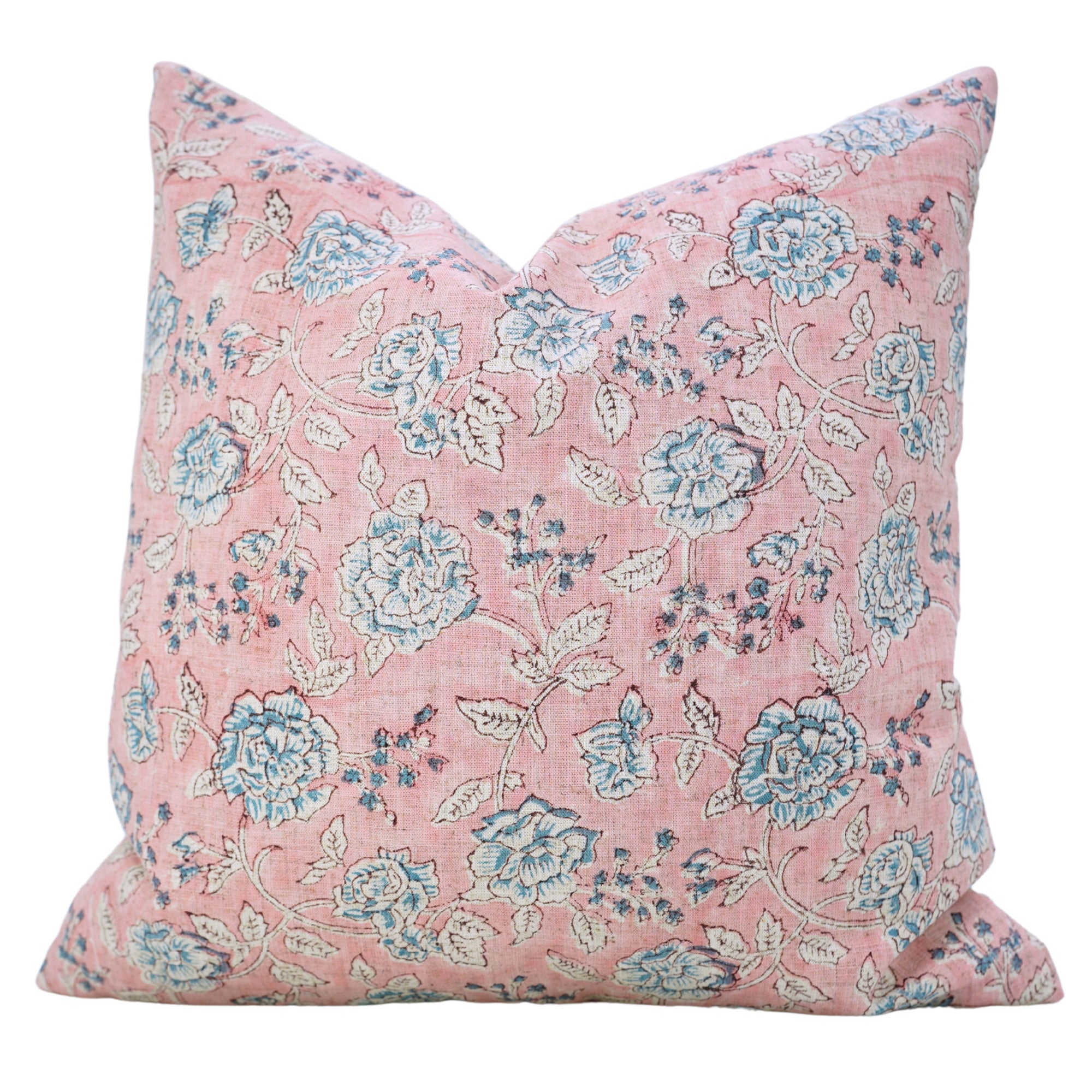 Handcrafted Light Pink and Gray Floral Throw Square Pillow Case in Viscose Linen – Rameshwaram
