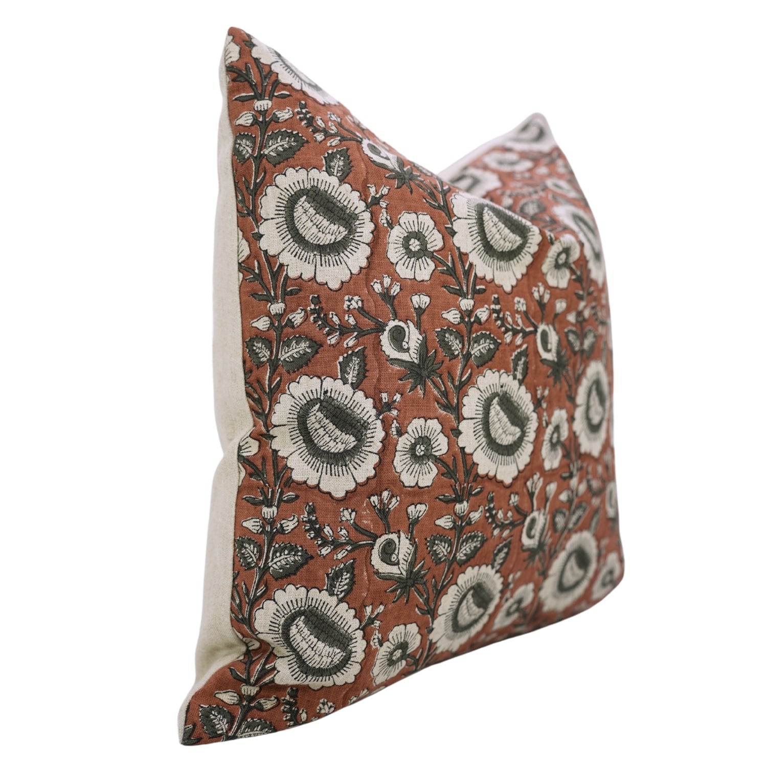 Handblock Printed Red Sunflower Boho Throw Cushion Cover for Indoor Décor in Pure Linen