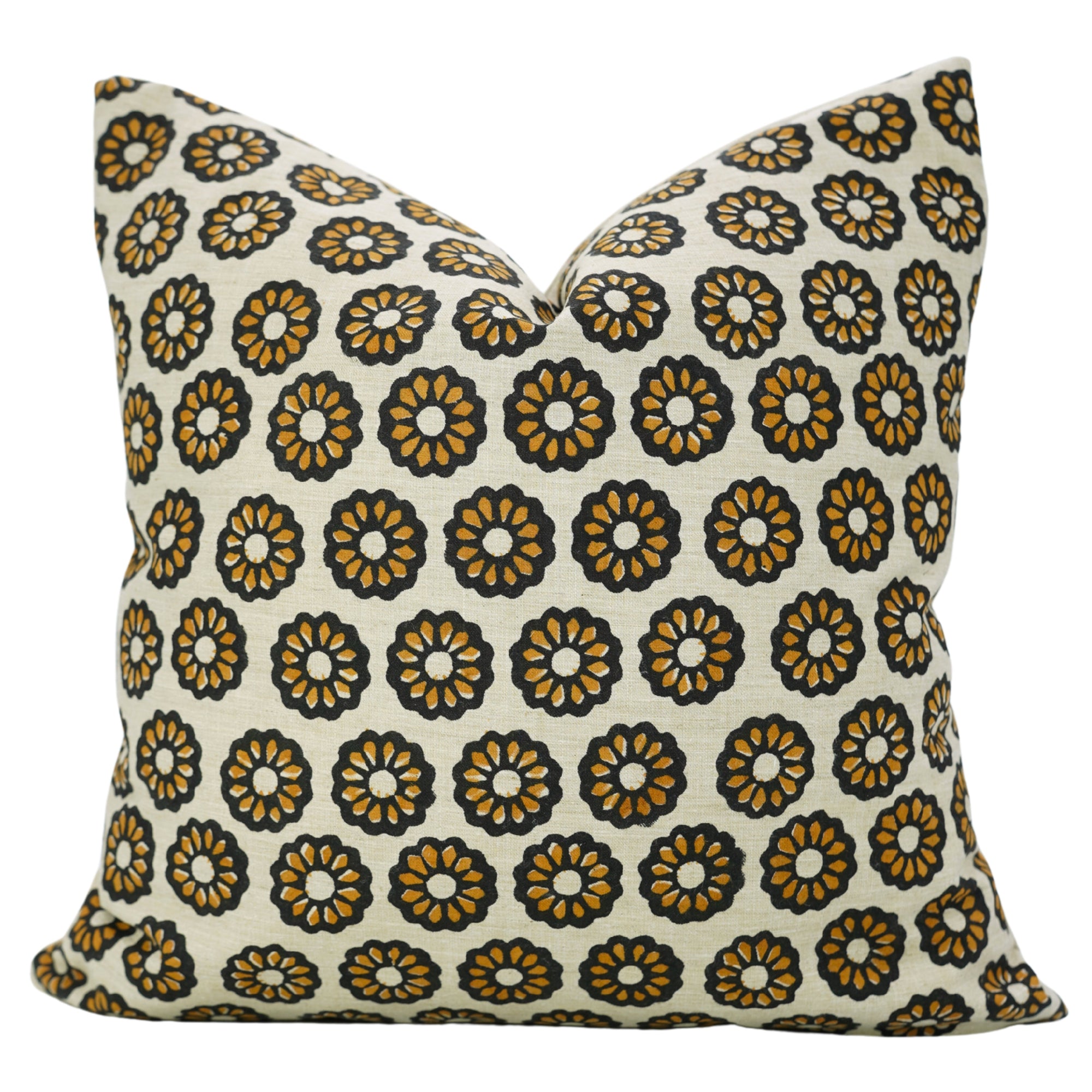 Handblock Printed Black and Mustard Floral Boho Throw Cushion Protector in Linen Blend – Bulbul